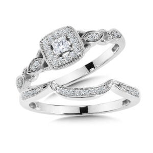 Princess-Cut Diamond Halo Engagement Ring and Wedding Band Bridal Set 1