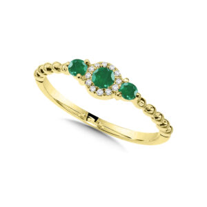 14K Beaded 3-Stone Halo Diamond and Emerald Ring 1
