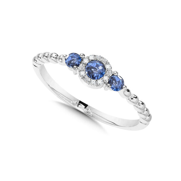 14K Beaded 3-Stone Halo Diamond and Sapphire Ring